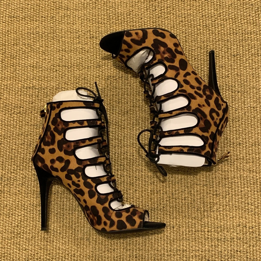 Strappy Lace Up Open Toe Booties Sandals Leopard